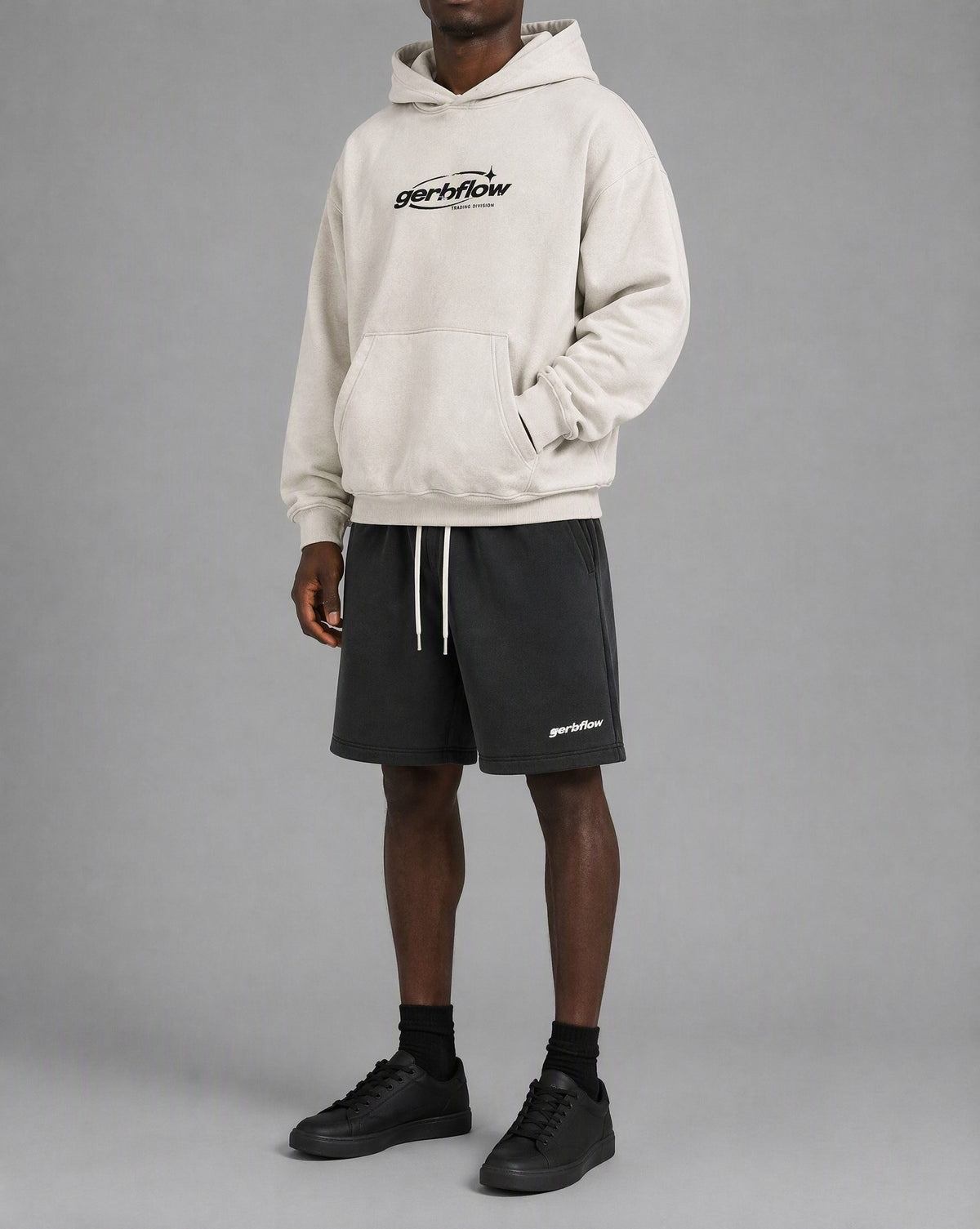 GERBFLOW Globe Halftone Hoodie Washed Bone on model