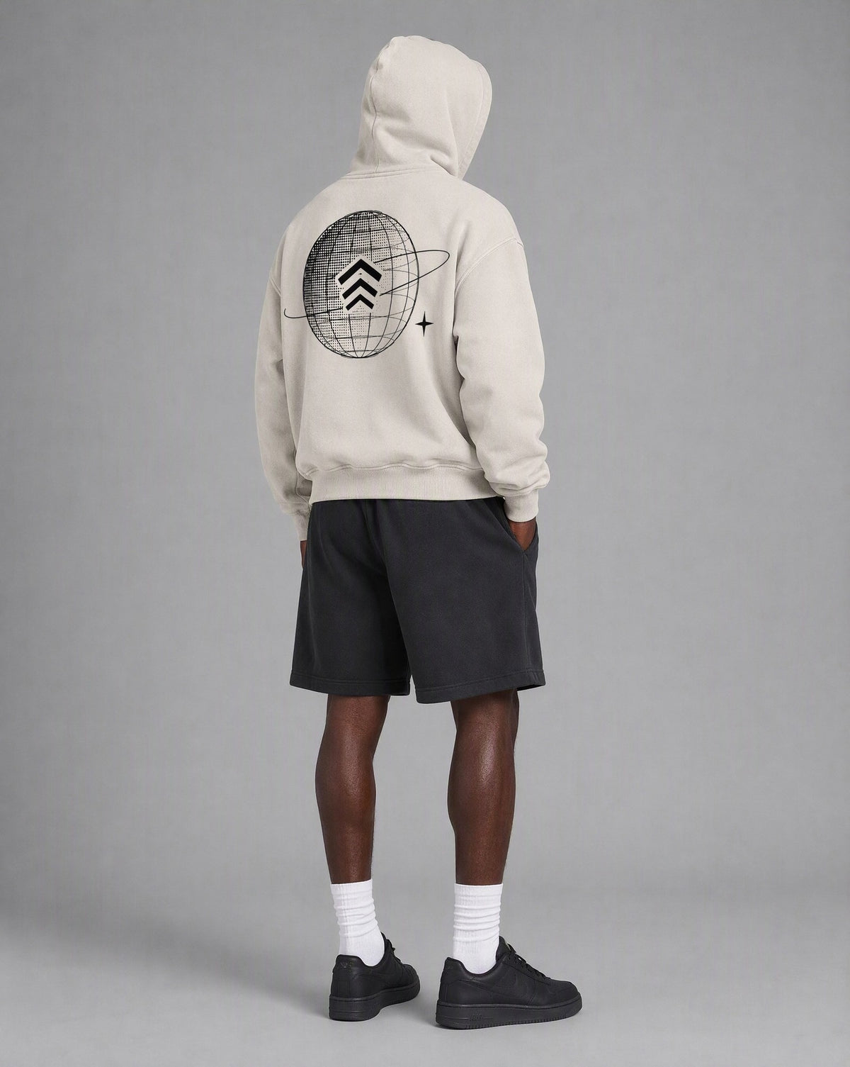 GERBFLOW Globe Halftone Hoodie Washed Bone on model