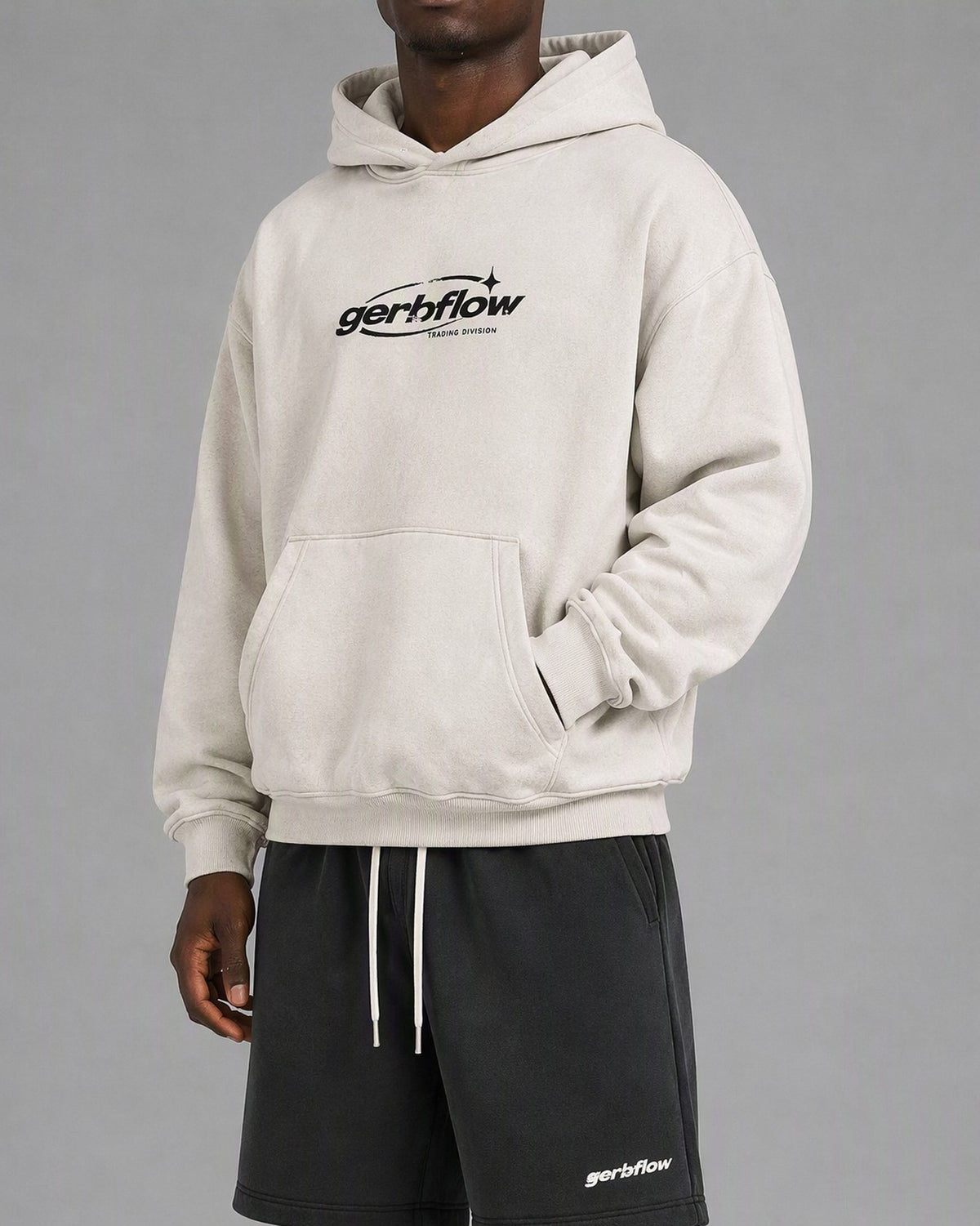 GERBFLOW Globe Halftone Hoodie Washed Bone on model