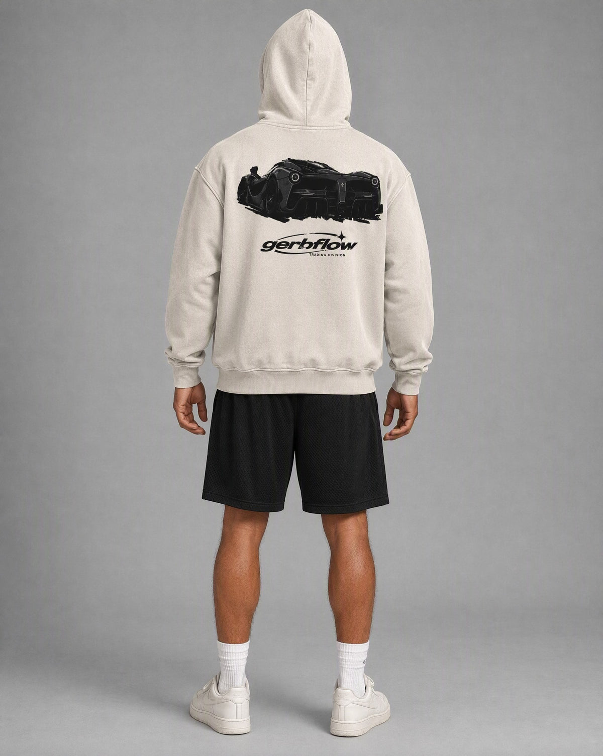 LaFerrari Front / Rear Hoodie Washed Bone on model