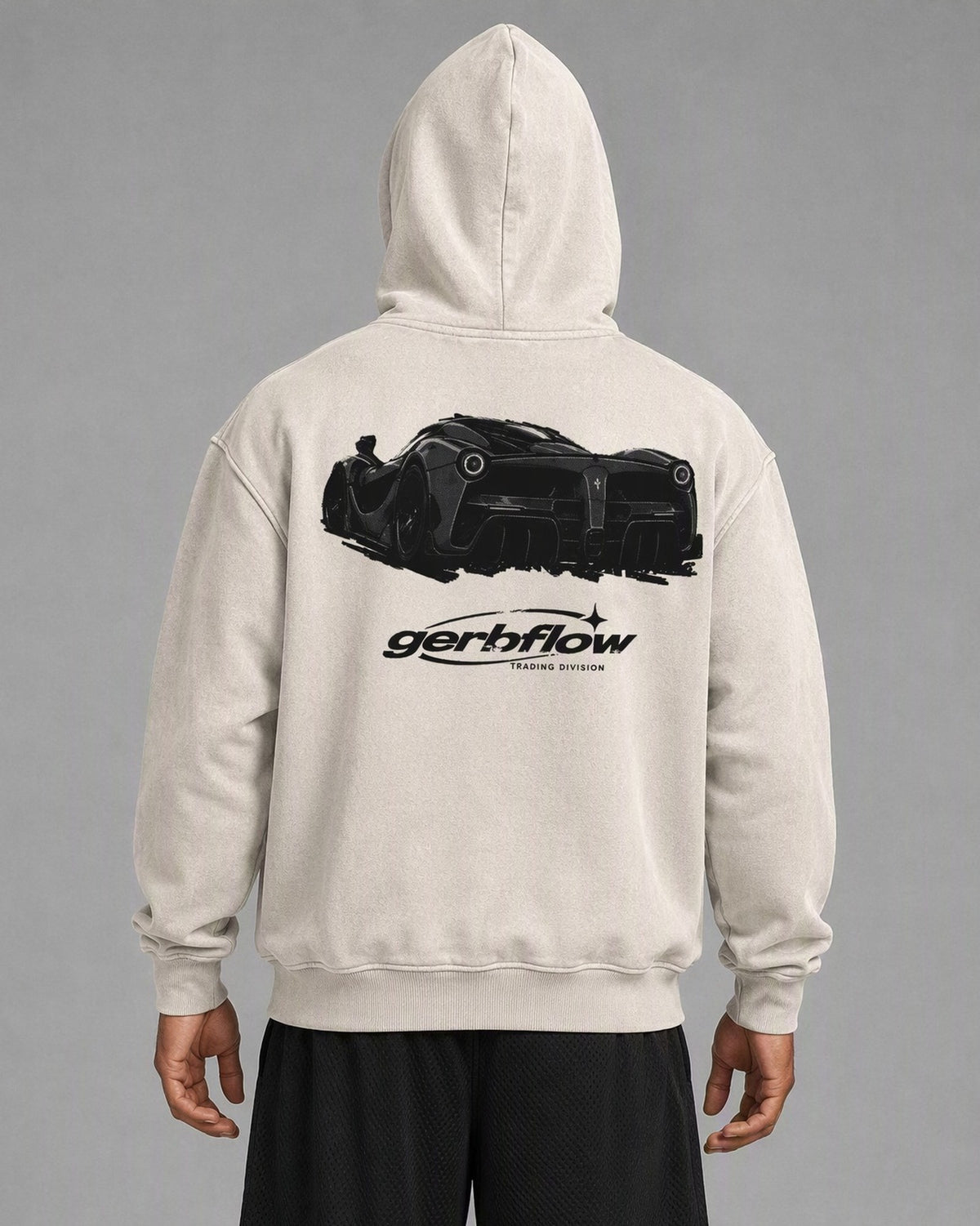 LaFerrari Front / Rear Hoodie Washed Bone on model
