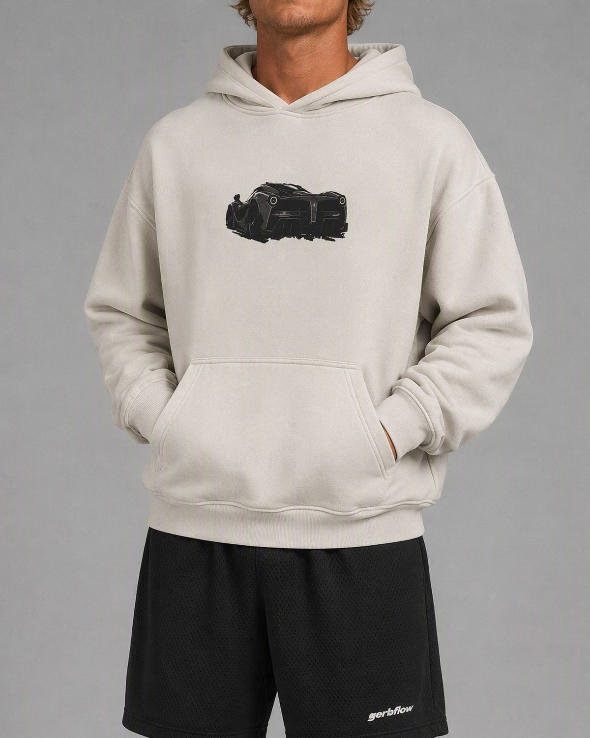 LaFerrari Front / Rear Hoodie Washed Bone on model