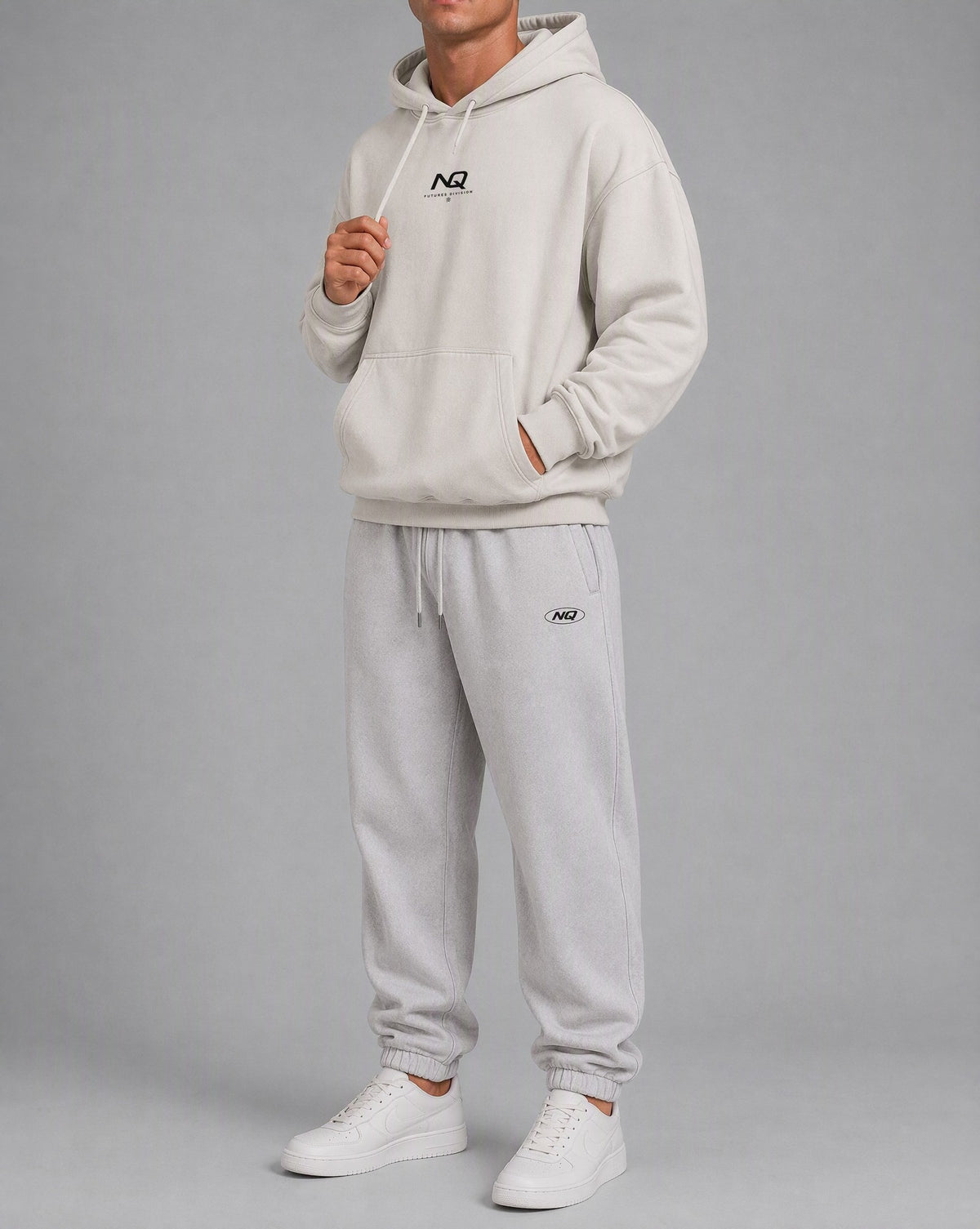 NQ Futures Division Lockup Hoodie Washed Bone on model