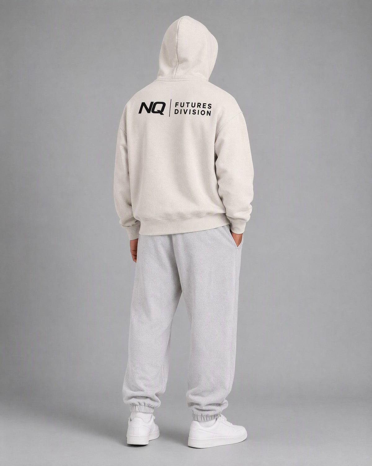 NQ Futures Division Lockup Hoodie Washed Bone on model