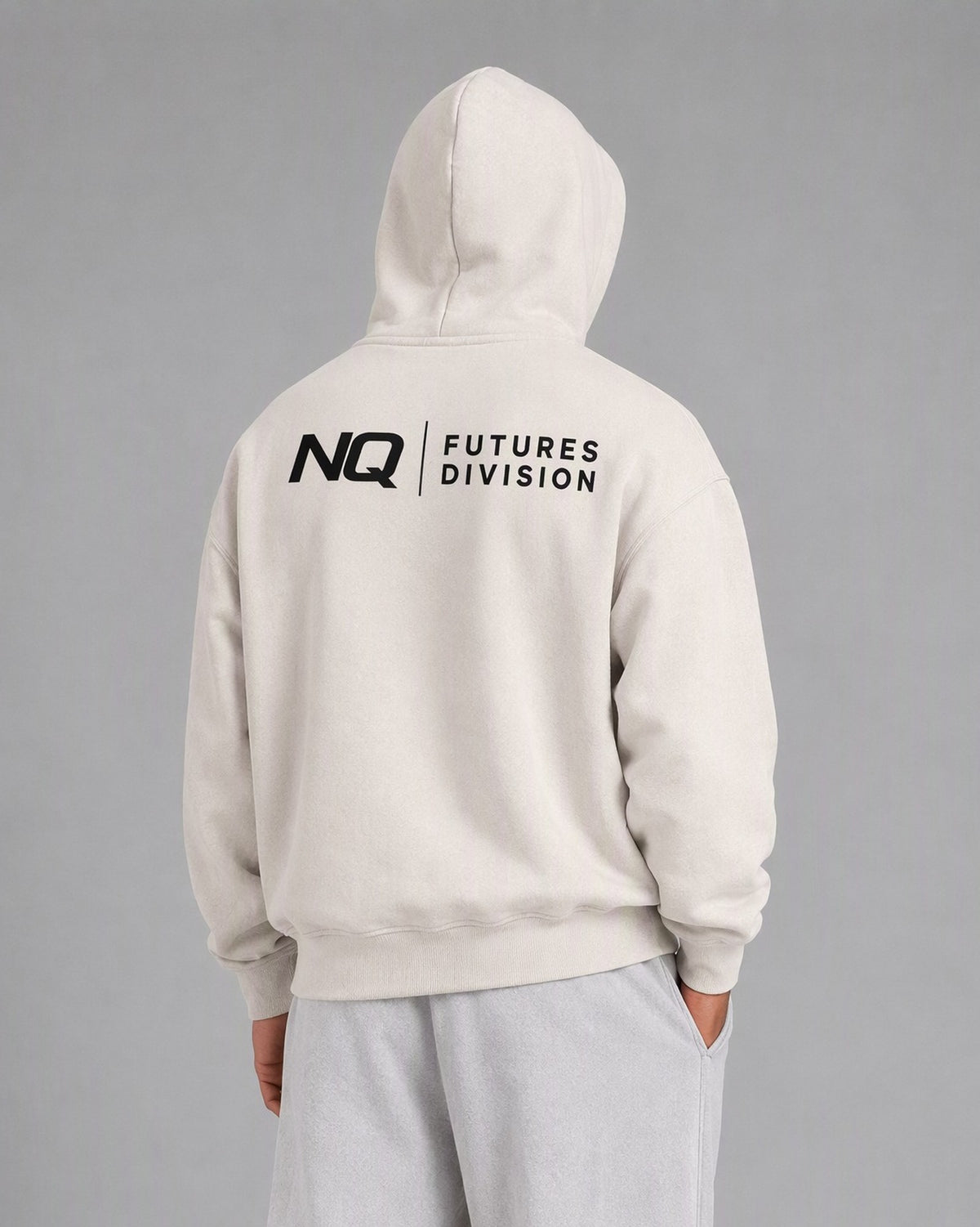 NQ Futures Division Lockup Hoodie Washed Bone on model