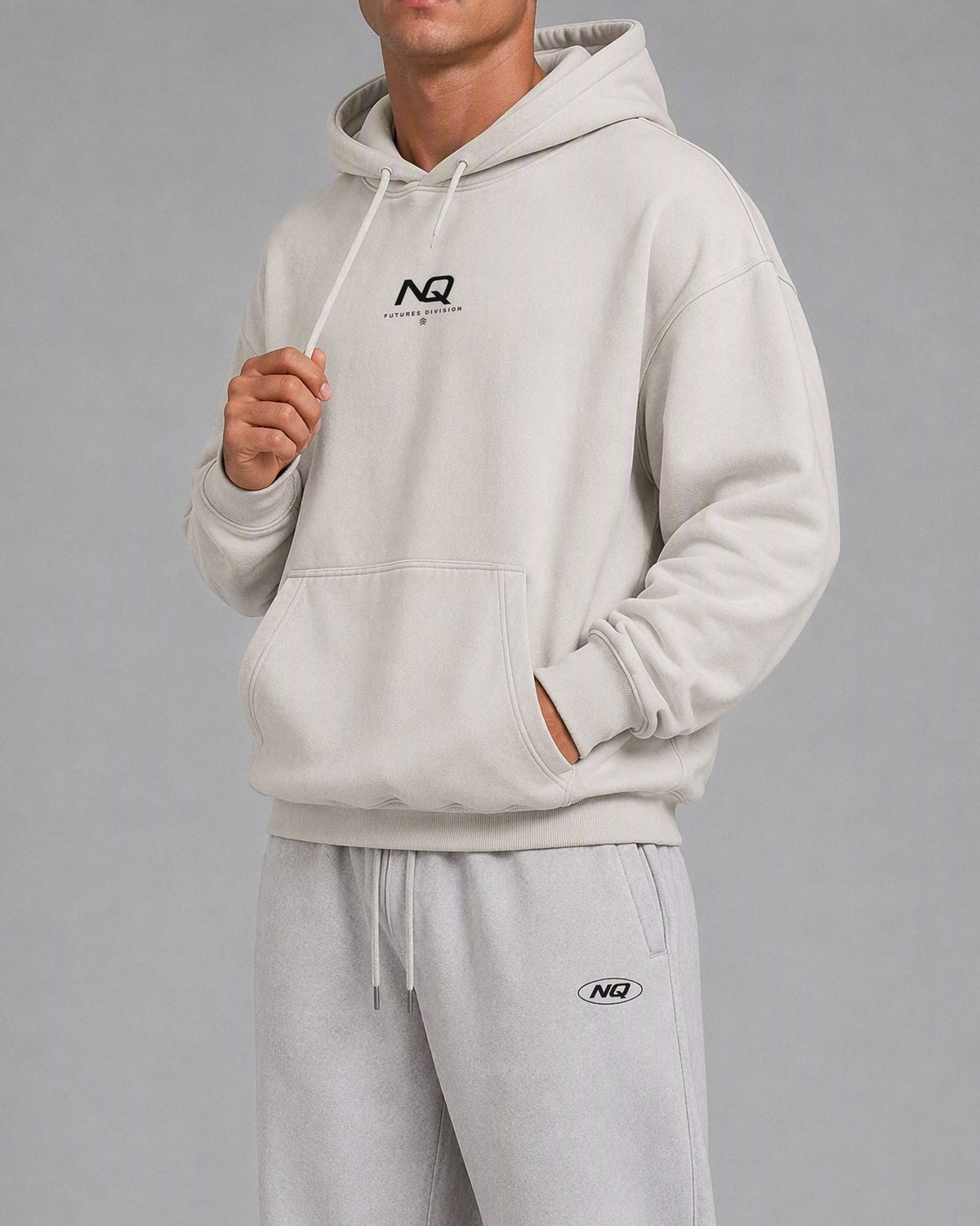 NQ Futures Division Lockup Hoodie Washed Bone on model