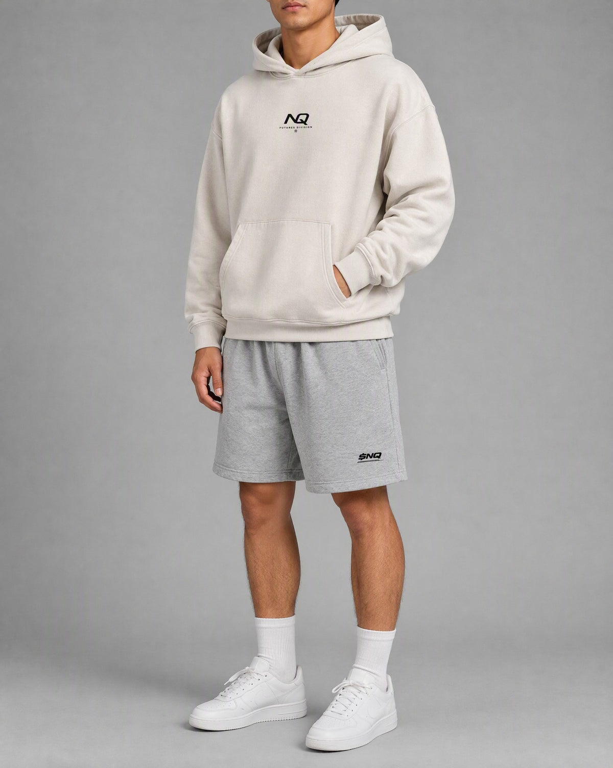 NQ Globe Hoodie Washed Bone on model