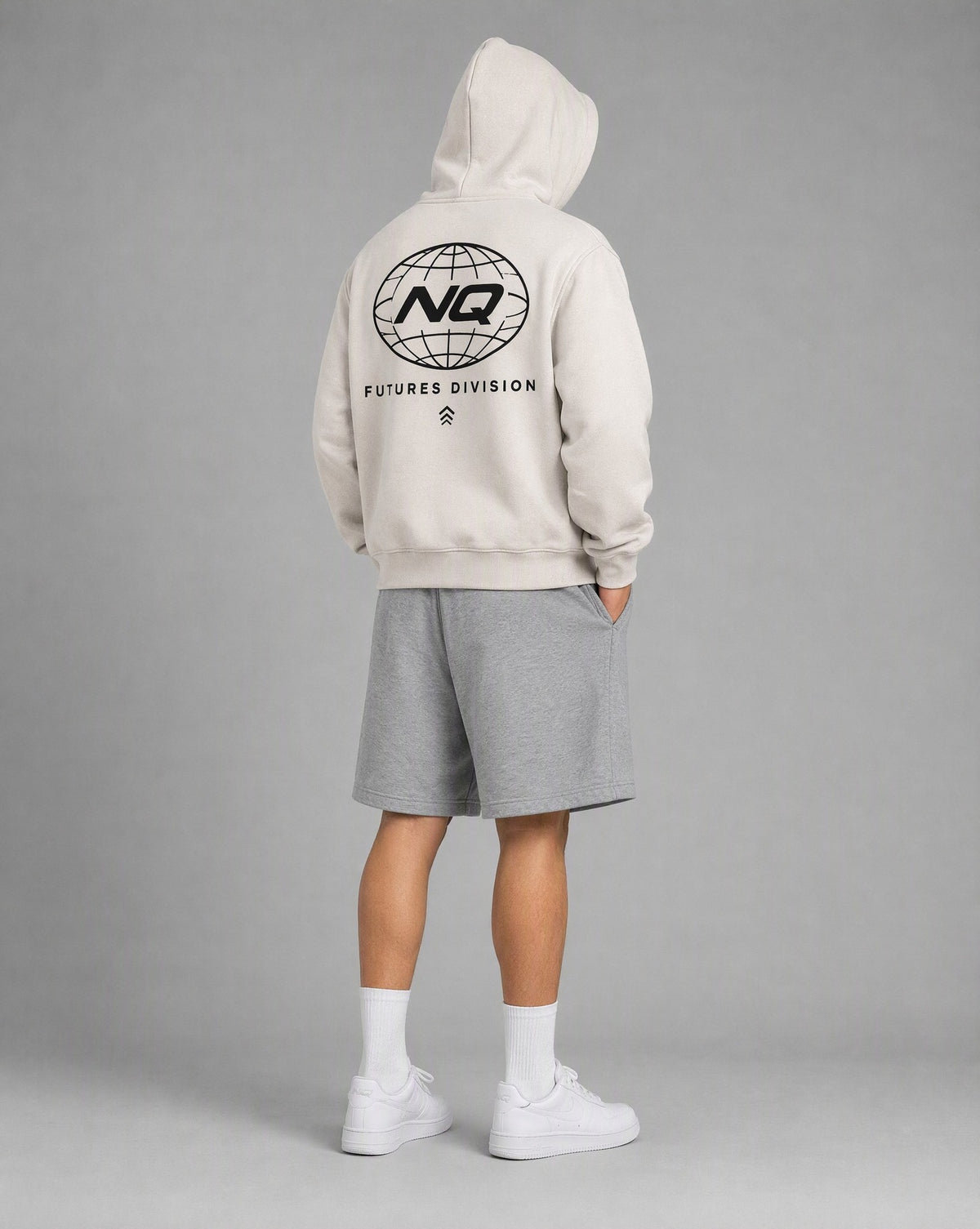 NQ Globe Hoodie Washed Bone on model