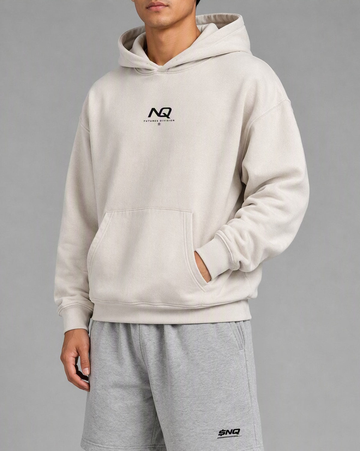 NQ Globe Hoodie Washed Bone on model