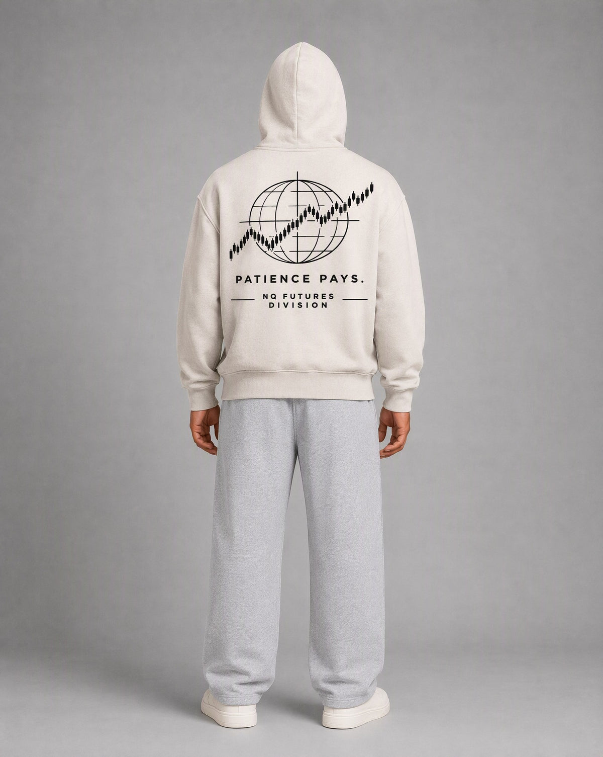 NQ Patience Pays Globe Hoodie Washed Bone on model