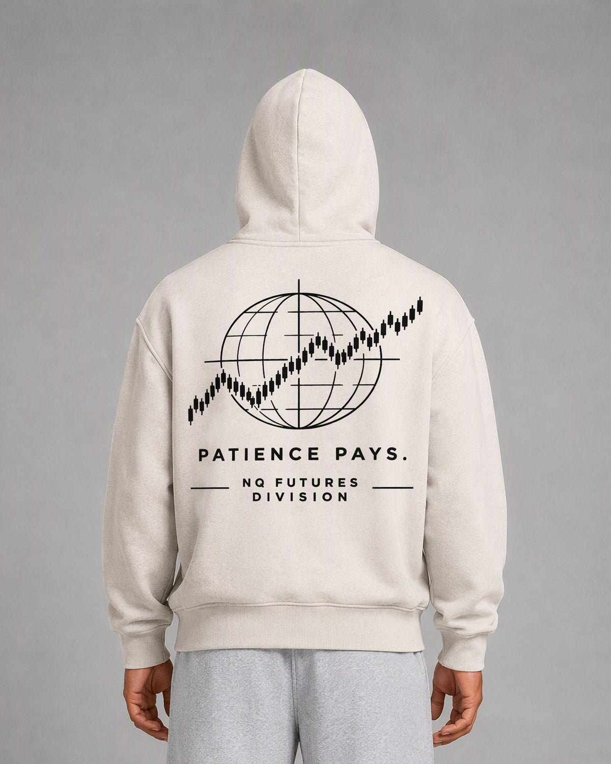 NQ Patience Pays Globe Hoodie Washed Bone on model