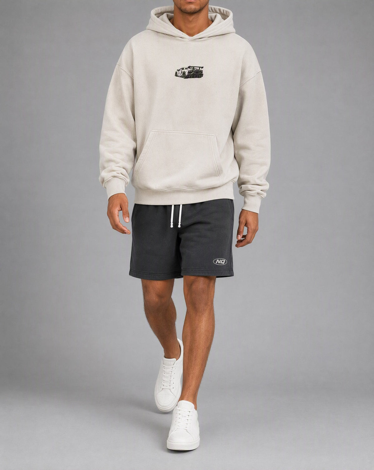 NQ SVJ Front / Rear Hoodie Washed Bone on model