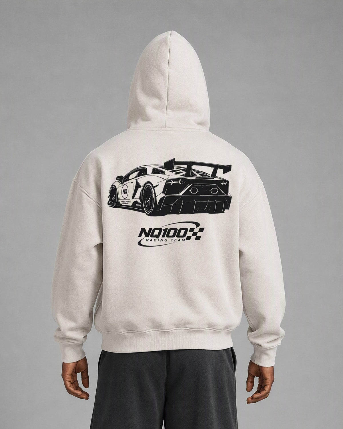 NQ SVJ Front / Rear Hoodie Washed Bone on model