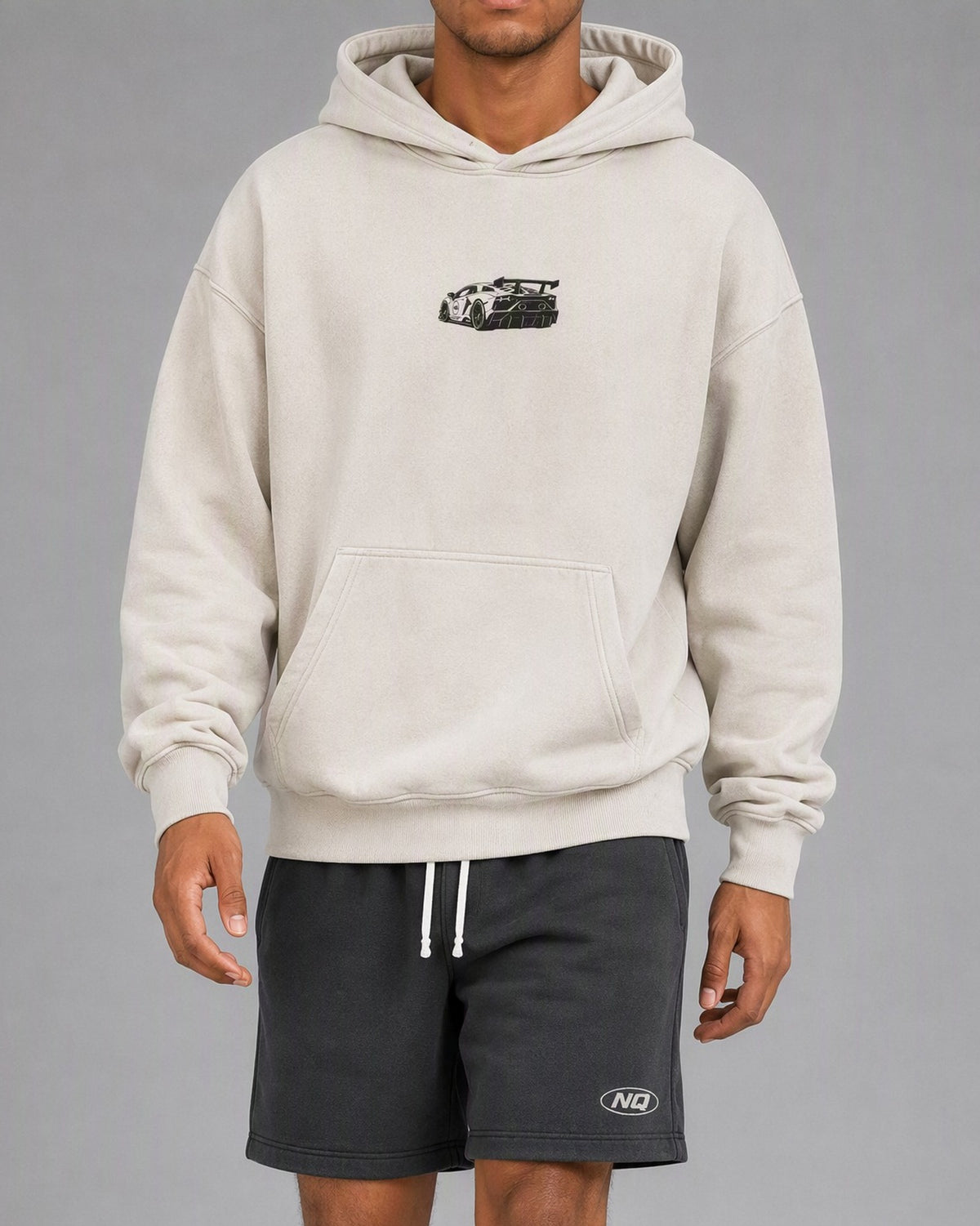 NQ SVJ Front / Rear Hoodie Washed Bone on model
