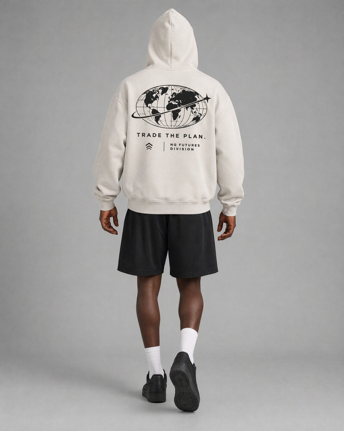 NQ Trade The Plan Globe Hoodie Washed Bone on model