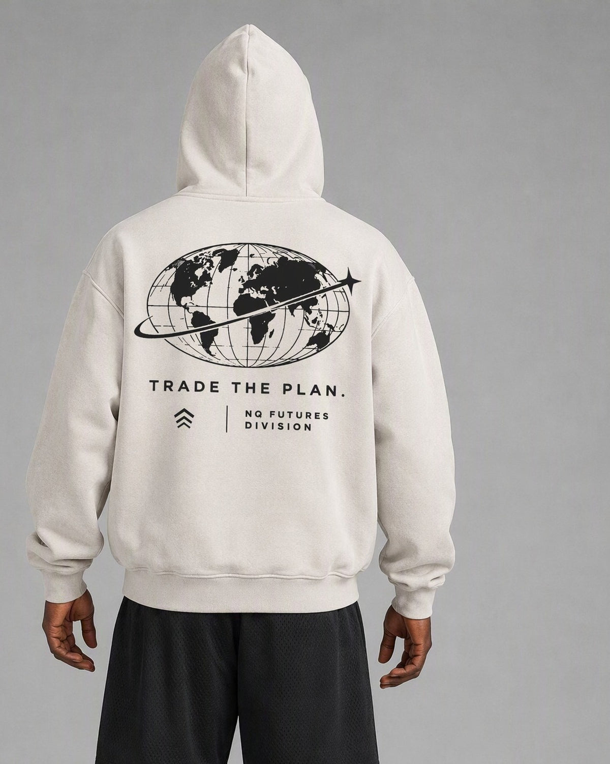 NQ Trade The Plan Globe Hoodie Washed Bone on model