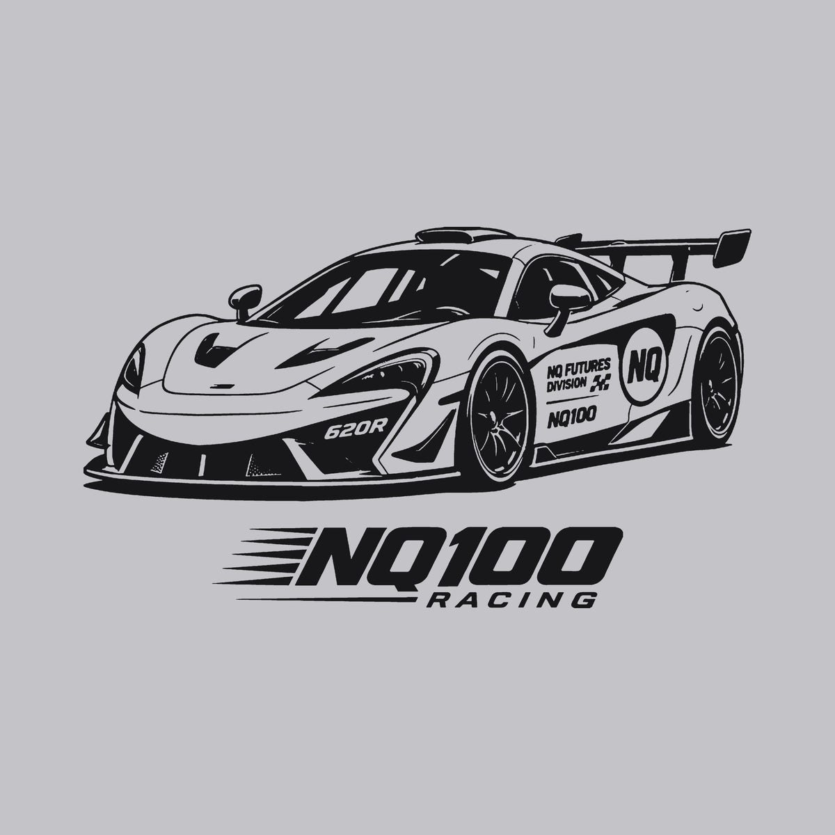 NQ100 Racing 620R Hoodie Heather Grey back print close-up