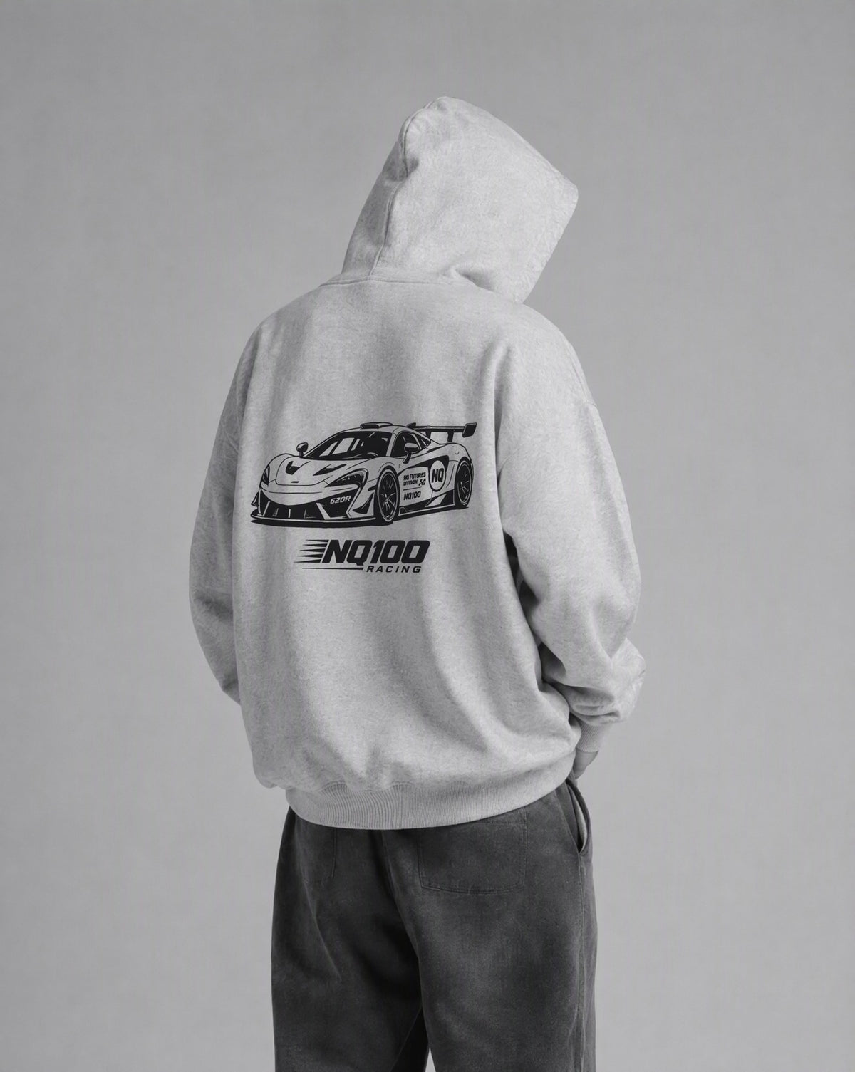 NQ100 Racing 620R Hoodie Washed Bone on model
