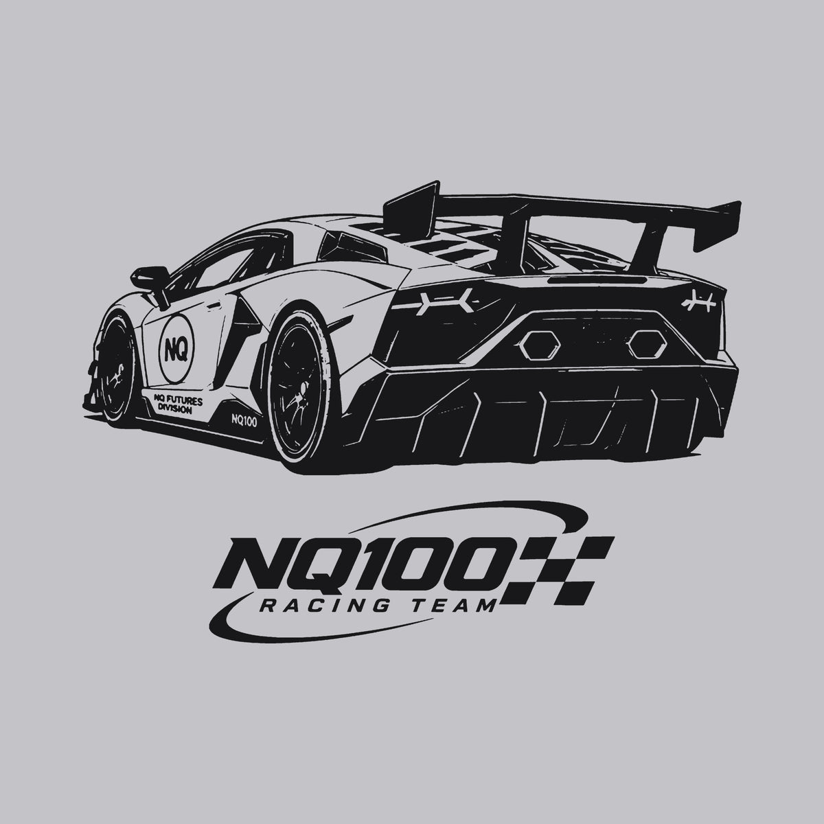 NQ100 Racing Team SVJ Hoodie Heather Grey back print close-up